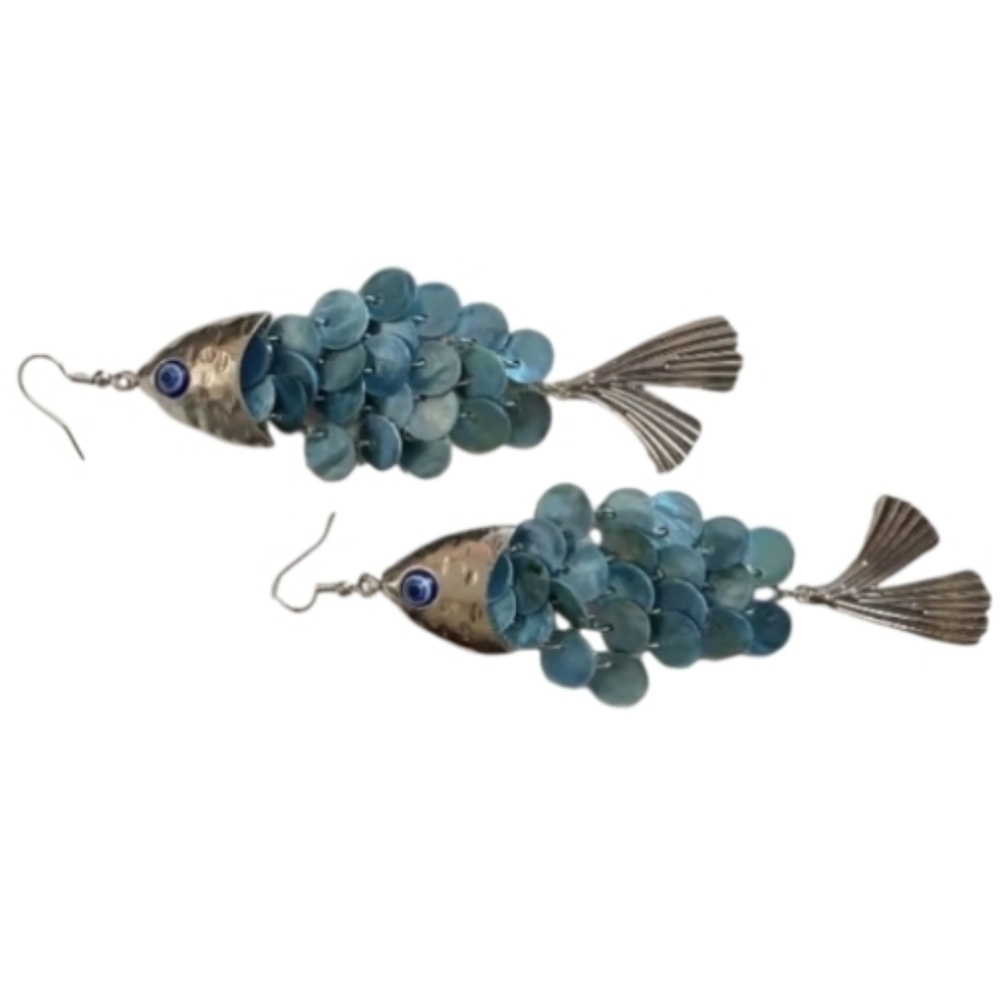 Silver & Blue Sequin Fish Scale Statement Dangle … - image 3